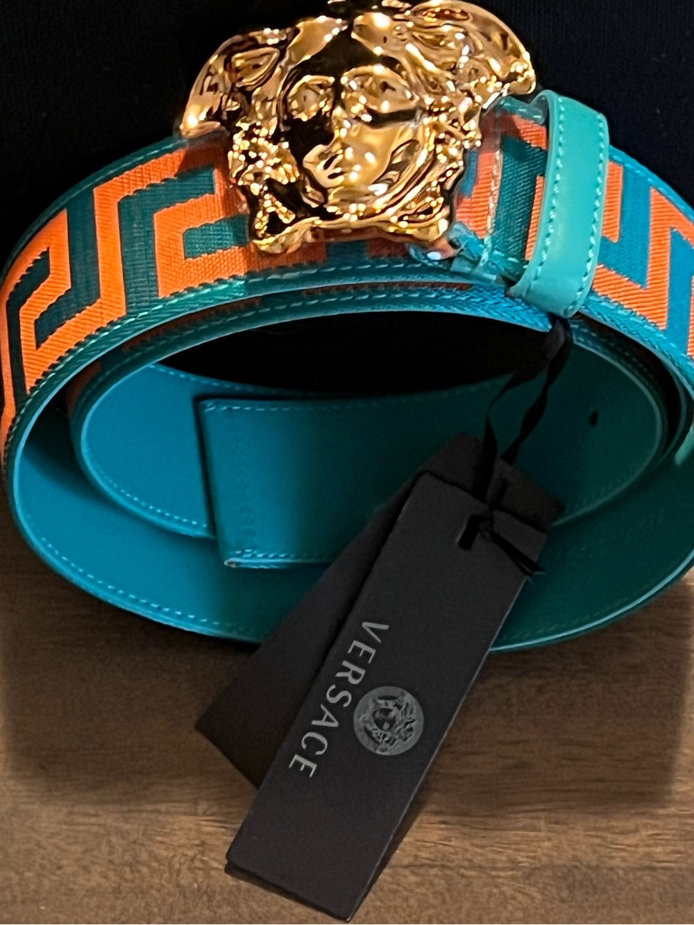 Versace Men’s Teal & Orange Medusa Signature Leather Belt